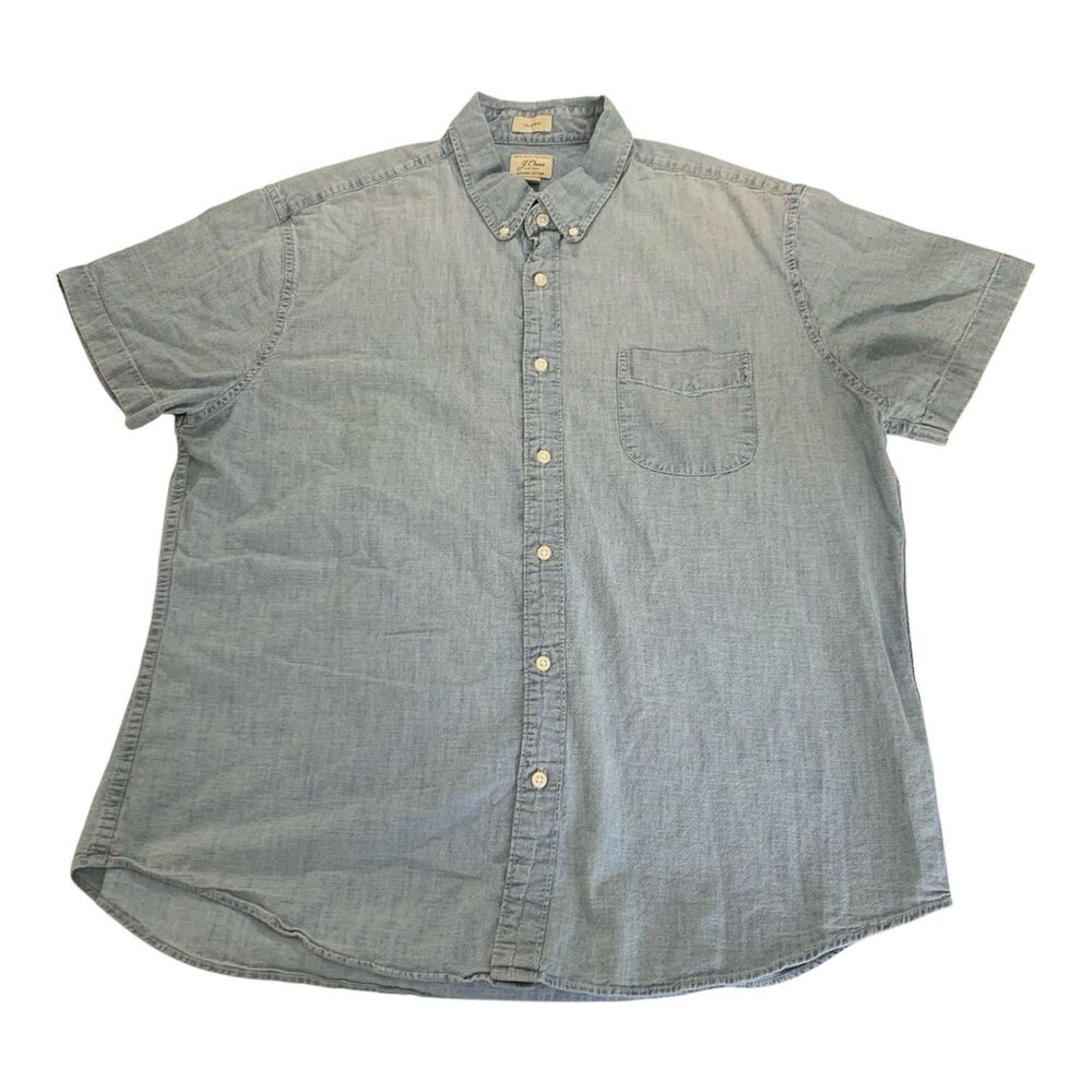 J Crew Shirt‎ Men XL Blue Chambray Short Sleeve Button Down Organic Cotton Work